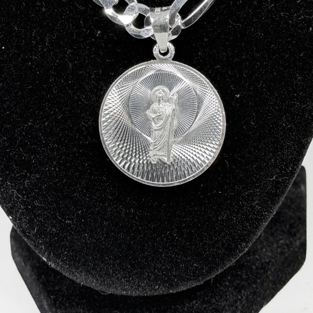 925 Sterling Silver Figaro Chain Necklace Saint Jude Virgin Mary Pendant 24 inch - Picture 2 of 9
